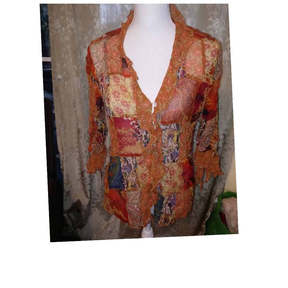 Chico's Design Whimsy Goth Silk Patchwork Button … - image 6